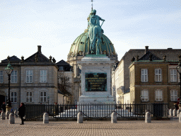 The equestrian statue of King Frederick V at Amalienborg Palace, and the dome of Frederik`s Church