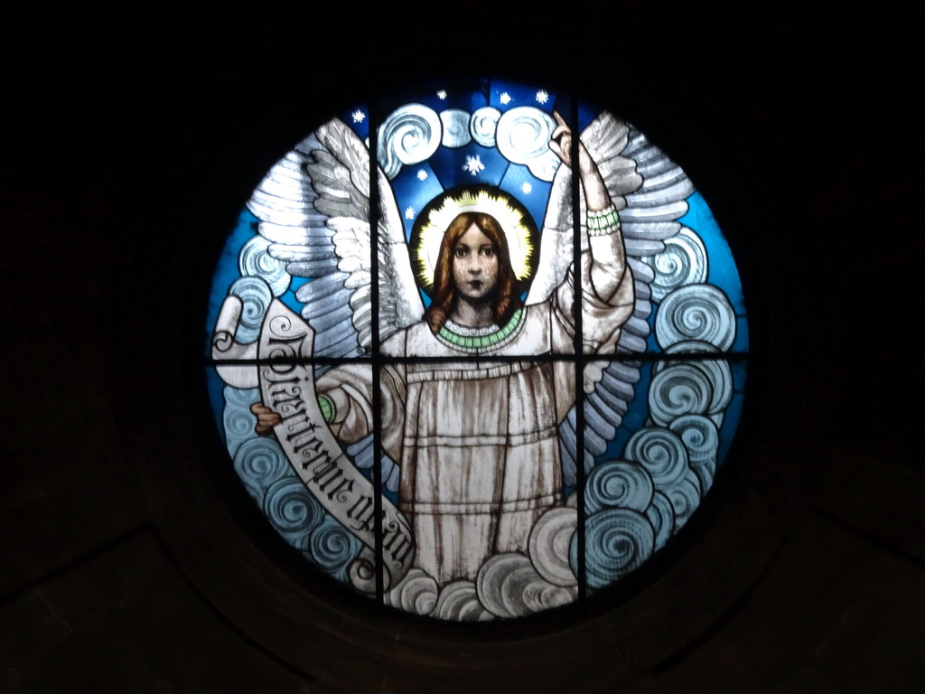 Stained glass window of an angel on the ceiling of the front portal of Frederik`s Church