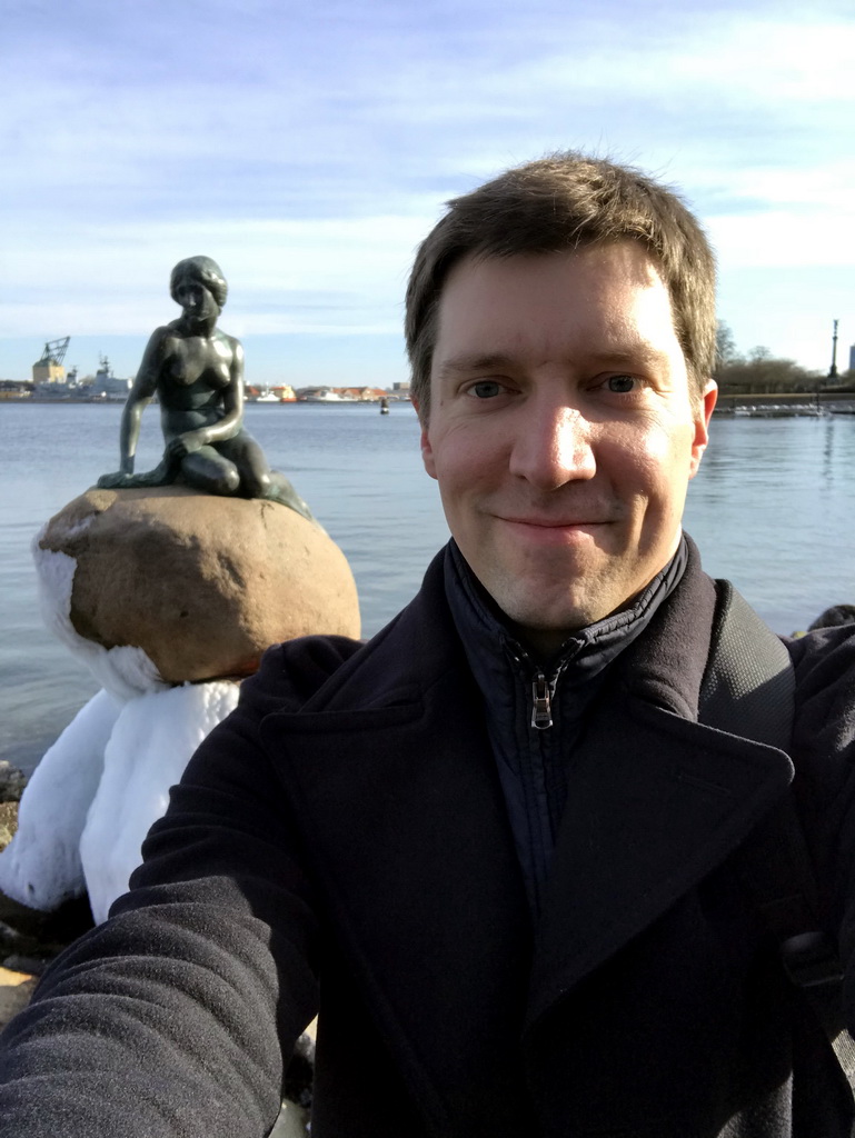 Tim with the statue `The Little Mermaid` at the Langelinie pier