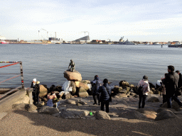 The statue `The Little Mermaid` at the Langelinie pier, with a view on the Amagerværket power station, Christian VI`s Battery, the Nyholm Central Guardhouse and the Masting Crane