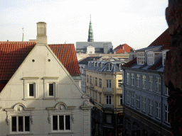 The Købmagergade street and the tower of the St. Nicholas Church, viewed from the ramp of the Rundetaarn tower
