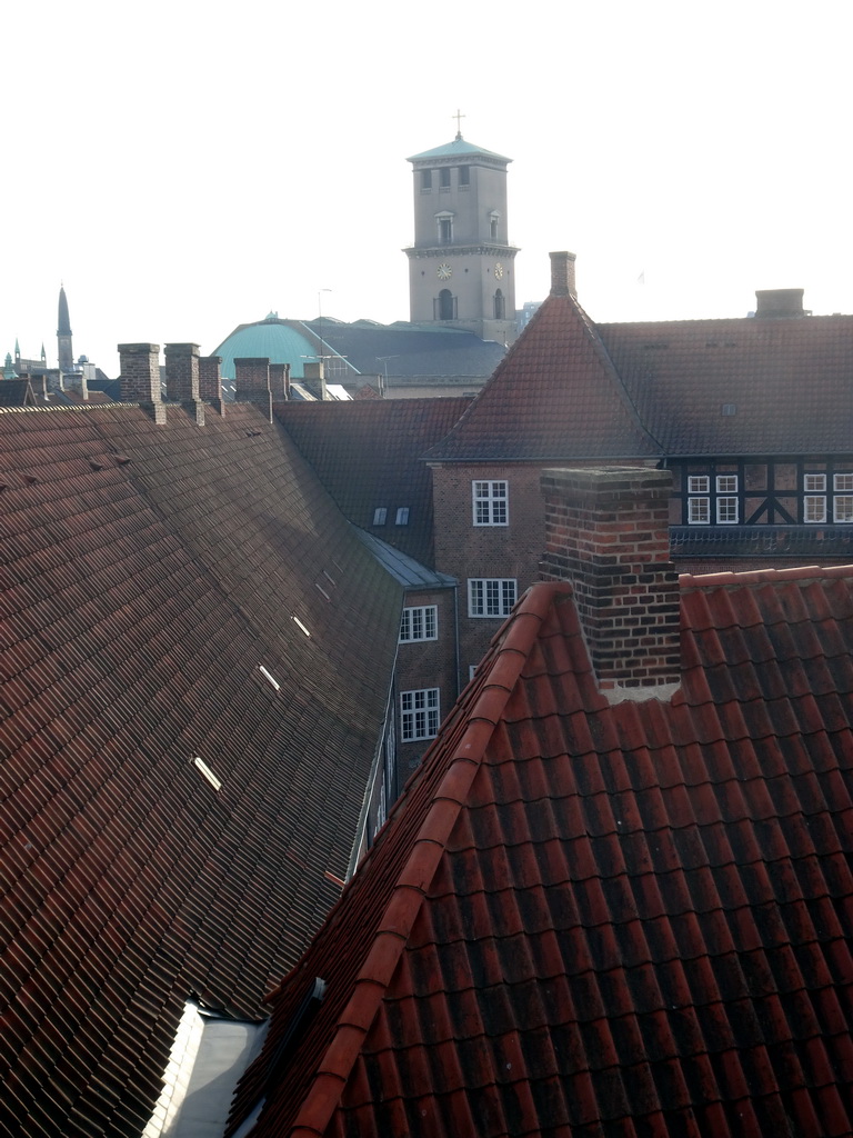 The tower of the Copenhagen Cathedral and the Regensen student dormitory, viewed from the ramp of the Rundetaarn tower