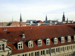 The towers of the St. Nicholas Church, the Christiansborg Palace and the Church of the Holy Ghost, viewed from the Library Hall of the Rundetaarn tower