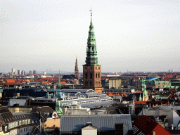 The southeast side of the city with the towers of the St. Nicholas Church and the Church of Our Saviour, and the Øresund Bridge, viewed from the viewing platform at the top of the Rundetaarn tower