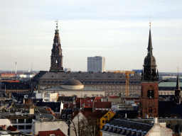 The south side of the city with the towers of the Christiansborg Palace and the Church of the Holy Ghost, viewed from the viewing platform at the top of the Rundetaarn tower