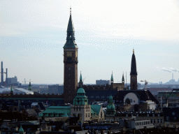 The southwest side of the city with the towers of the Copenhagen City Hall and the Scandic Palace Hotel, viewed from the viewing platform at the top of the Rundetaarn tower