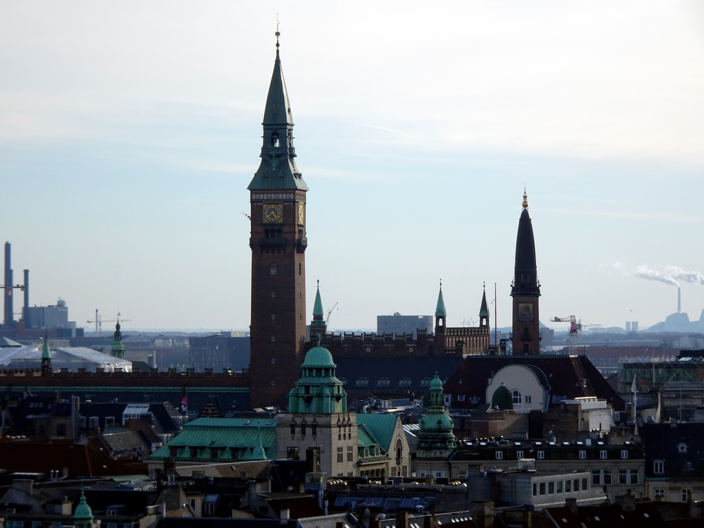 The southwest side of the city with the towers of the Copenhagen City Hall and the Scandic Palace Hotel, viewed from the viewing platform at the top of the Rundetaarn tower