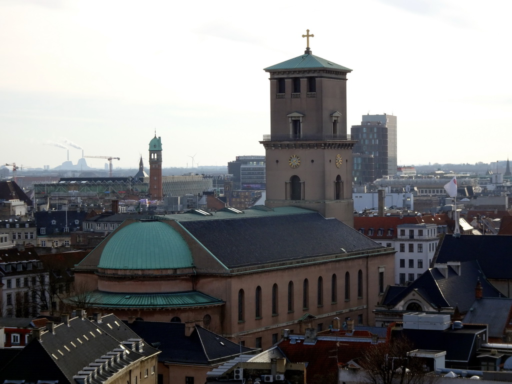 The southwest side of the city with the Copenhagen Cathedral, viewed from the viewing platform at the top of the Rundetaarn tower