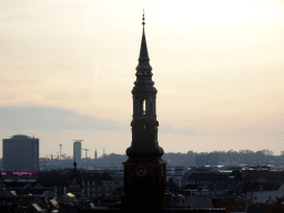 The southwest side of the city with the tower of St. Peter`s Church, viewed from the viewing platform at the top of the Rundetaarn tower