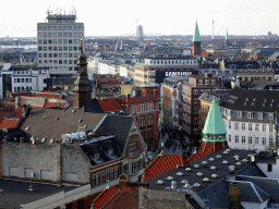 The northwest side of the city with tower of St. Andrew`s Church, viewed from the viewing platform at the top of the Rundetaarn tower
