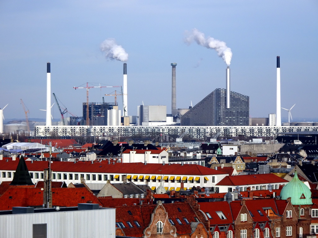 The east side of the city with the Amagerværket power station, viewed from the viewing platform at the top of the Rundetaarn tower