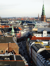 The southeast side of the city with the Købmagergade street, the towers of the St. Nicholas Church and the Church of Our Saviour, and the Øresund Bridge, viewed from the viewing platform at the top of the Rundetaarn tower
