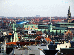 The southeast side of the city with the Børsen building and the tower of Christian`s Church, viewed from the viewing platform at the top of the Rundetaarn tower