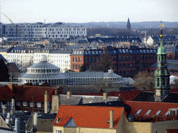 The north side of the city with the University of Copenhagen Botanical Garden and the tower of the Reformed Church, viewed from the viewing platform at the top of the Rundetaarn tower