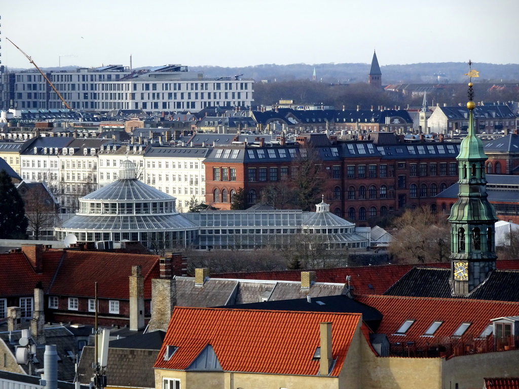 The north side of the city with the University of Copenhagen Botanical Garden and the tower of the Reformed Church, viewed from the viewing platform at the top of the Rundetaarn tower