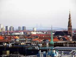 The southeast side of the city with the tower of the Church of Our Saviour and the Øresund Bridge, viewed from the viewing platform at the top of the Rundetaarn tower