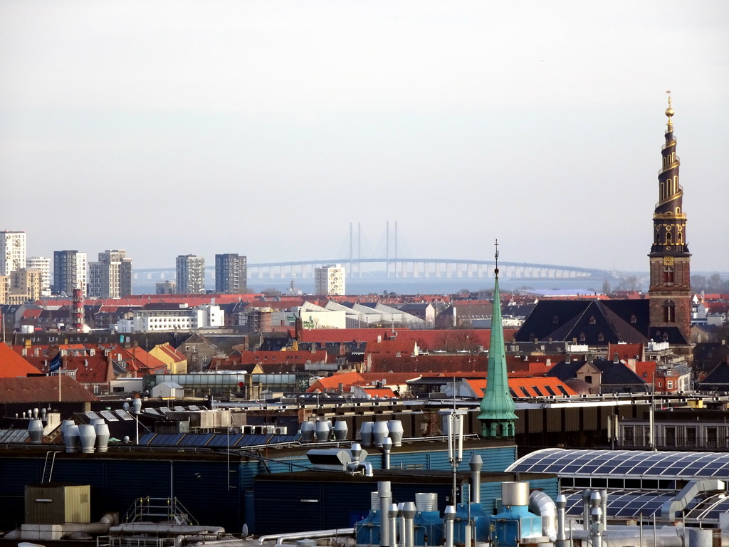 The southeast side of the city with the tower of the Church of Our Saviour and the Øresund Bridge, viewed from the viewing platform at the top of the Rundetaarn tower