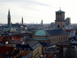 The southwest side of the city, with the Copenhagen Cathedral and the towers of the Copenhagen City Hall and the Scandic Palace Hotel, viewed from the viewing platform at the top of the Rundetaarn tower