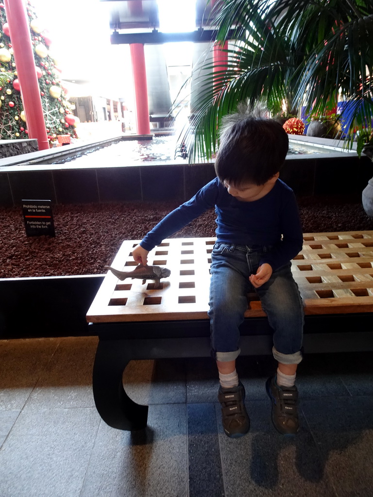 Max with a Dunkleosteus toy at the ground floor of the Siam Mall