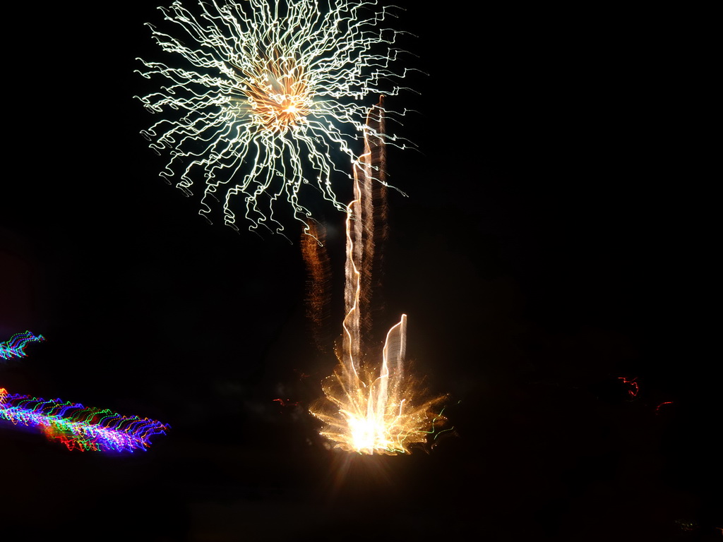 Fireworks on the north side of town, viewed from the balcony of our apartment at the Beachfront Apartments in Costa Adeje, on New Year`s Day