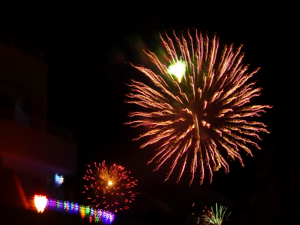 Fireworks on the north side of town, viewed from the balcony of our apartment at the Beachfront Apartments in Costa Adeje, on New Year`s Day