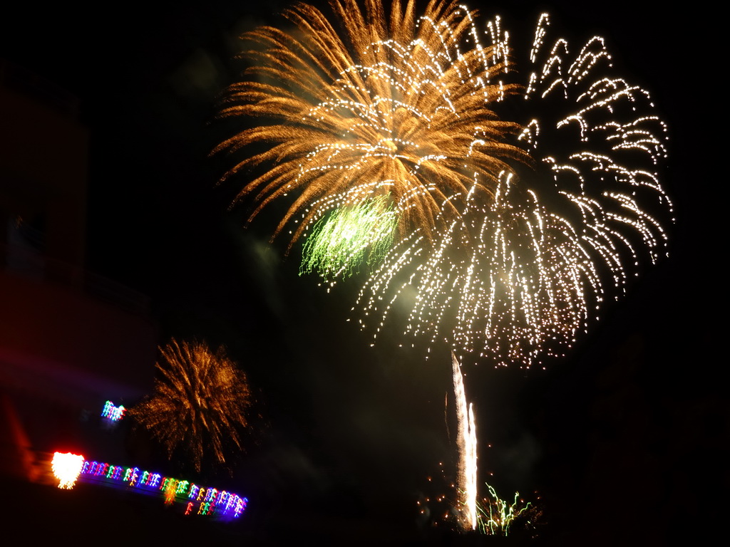 Fireworks on the north side of town, viewed from the balcony of our apartment at the Beachfront Apartments in Costa Adeje, on New Year`s Day