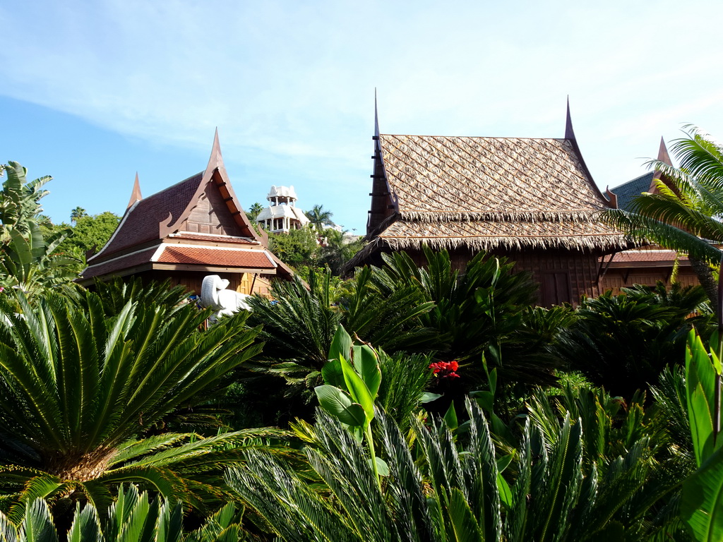 Shops and the Tower of Power attraction at the Siam Park water theme park, viewed from the entrance