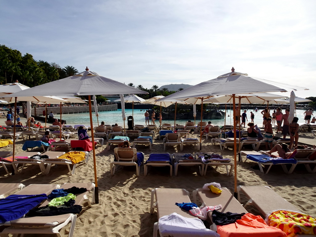 Sunbeds at Siam Beach at the Siam Park water theme park