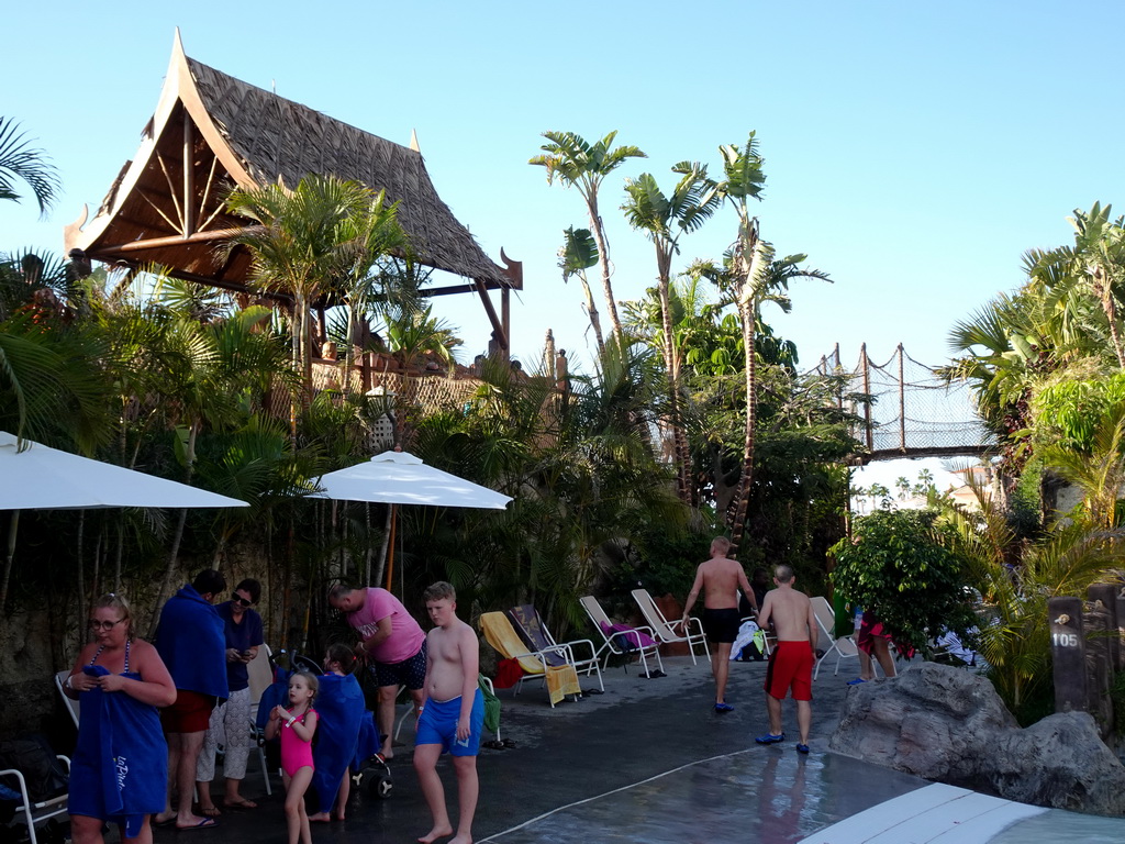 Sunbeds near the Mekong Rapids and Patong Rapids attractions at the Siam Park water theme park