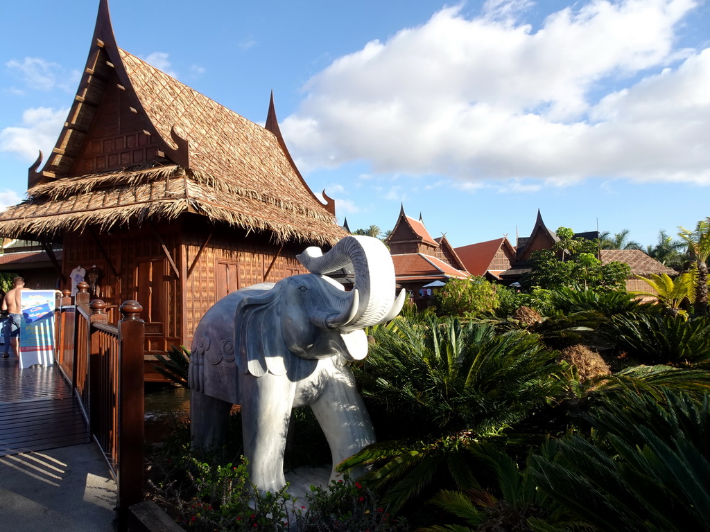 Elephant statue in front of the shops at the Siam Park water theme park