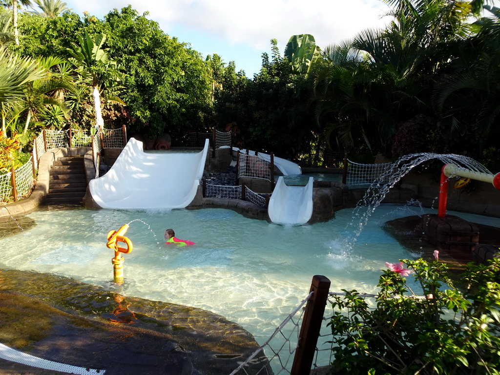 Small swimming pool at the right side of the Lost City attraction at the Siam Park water theme park