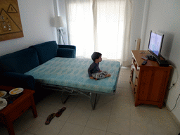 Max in the living room of our apartment at the Beachfront Apartments in Costa Adeje