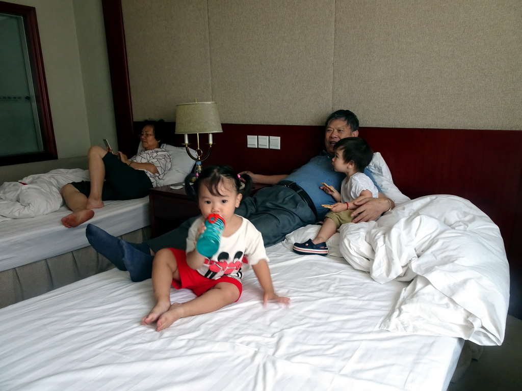 Max with his cousin and grandparents at his grandparents` room at the New Sea View International Hotel