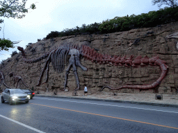 Rock with dinosaur skeletons at Binhai Road, at sunset