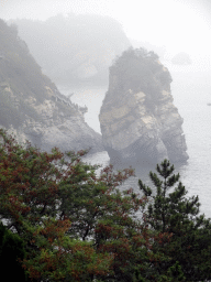 Rocks and trees at the Dalian Jinshitan Coastal National Geopark, viewed from the viewing point near the entrance