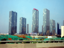Skyscrapers in the city center, viewed from the taxi at Shugang Road