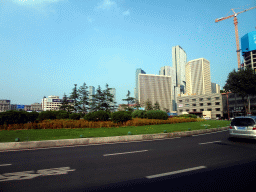 Skyscrapers in the city center, viewed from the taxi at Shugang Road