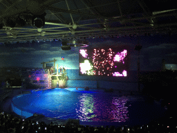 Divers in the Main Hall of the Pole Aquarium at the Dalian Laohutan Ocean Park, during the Water Show