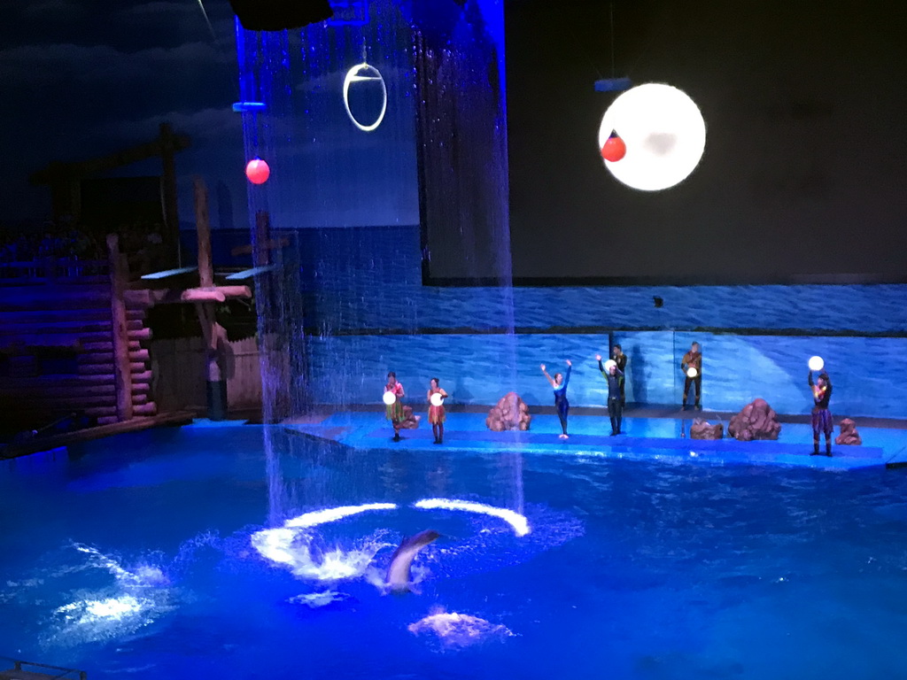 Dolphins and zookeepers in the Main Hall of the Pole Aquarium at the Dalian Laohutan Ocean Park, during the Water Show