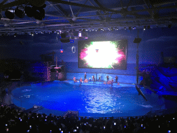 Dolphins and zookeepers in the Main Hall of the Pole Aquarium at the Dalian Laohutan Ocean Park, during the Water Show