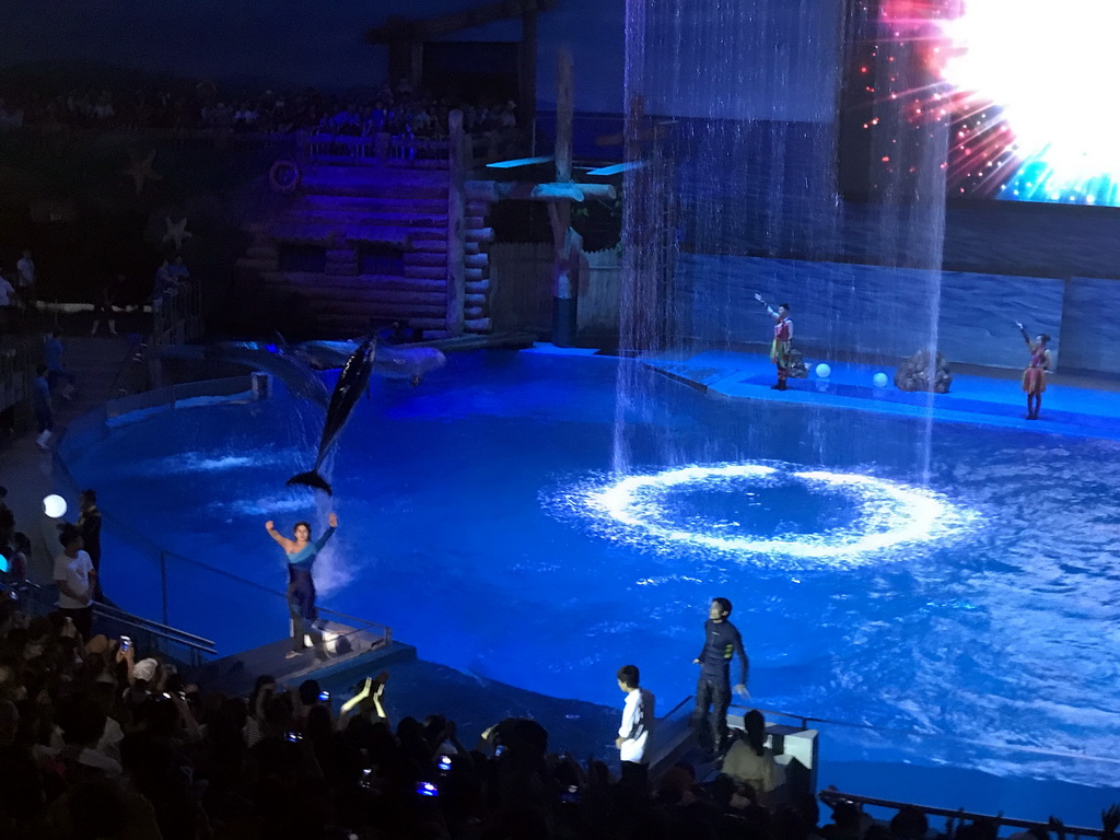 Dolphins and zookeepers in the Main Hall of the Pole Aquarium at the Dalian Laohutan Ocean Park, during the Water Show