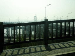 The Xinghai Bay Bridge, viewed from the taxi at Binhai West Road