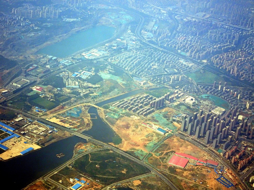 The Erdao Ditch, the lake in the Xiagou area and Huiquan Street, viewed from the airplane to Beijing