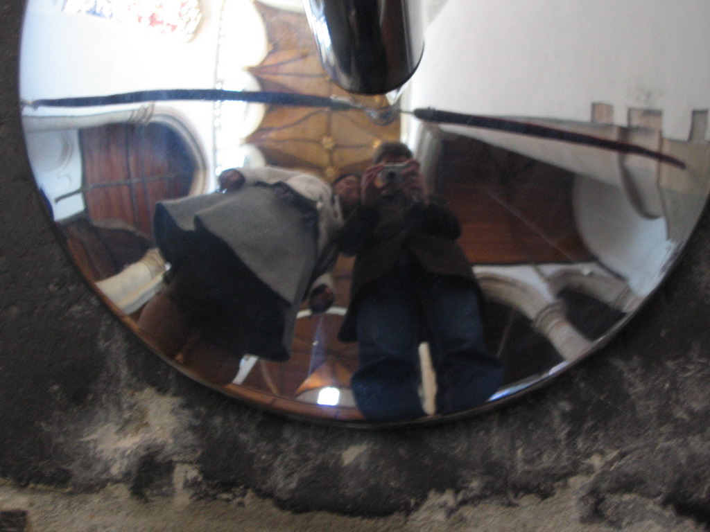 Reflections of Tim and Miaomiao, inside the Oude Kerk church