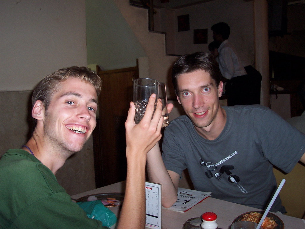 Tim and Rick having drinks at the Gem restaurant at the Main Bazar road