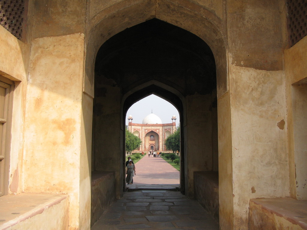 West gate to Humayun`s Tomb, viewed from within Isa Khan`s Tomb at the Humayun`s Tomb complex