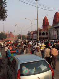 The Chandni Chowk road with the Red Fort and the Shri Gori Shankar Mandir temple