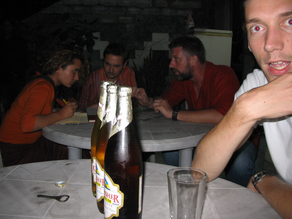 Tim with Kingfisher beers at the roof terrace of the Bright Hotel at Connaught Place