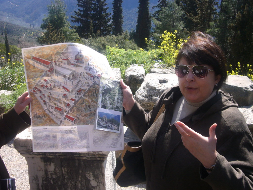 Our tour guide with a map of ancient Delphi