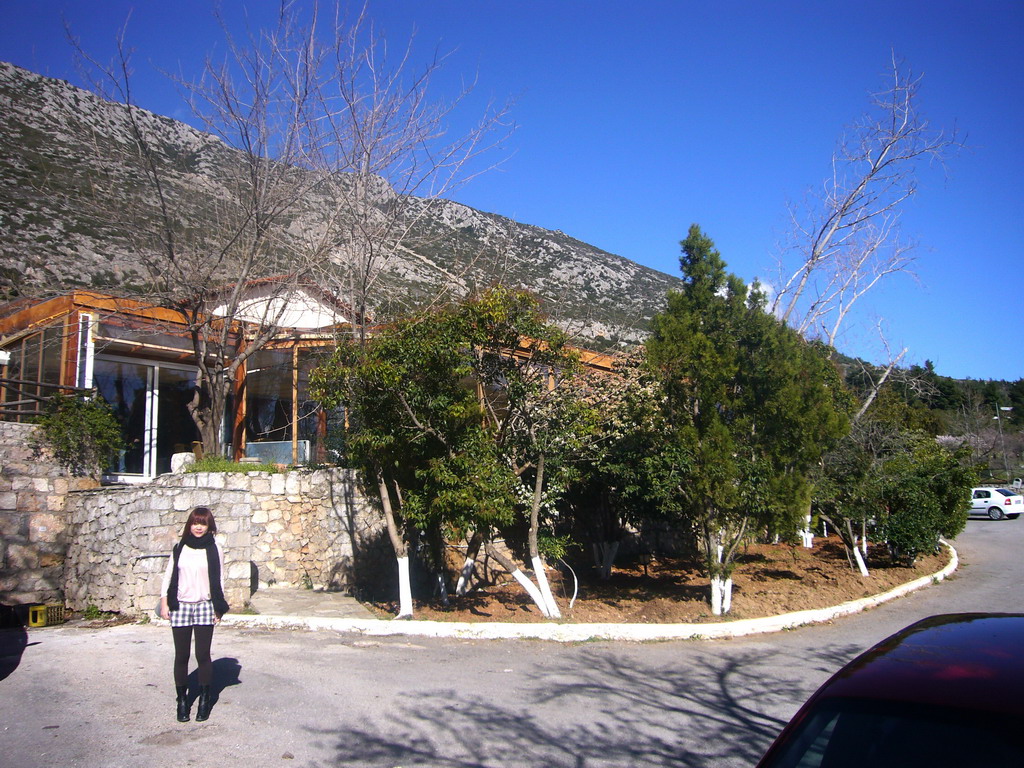 Miaomiao outside our lunch restaurant near Delphi